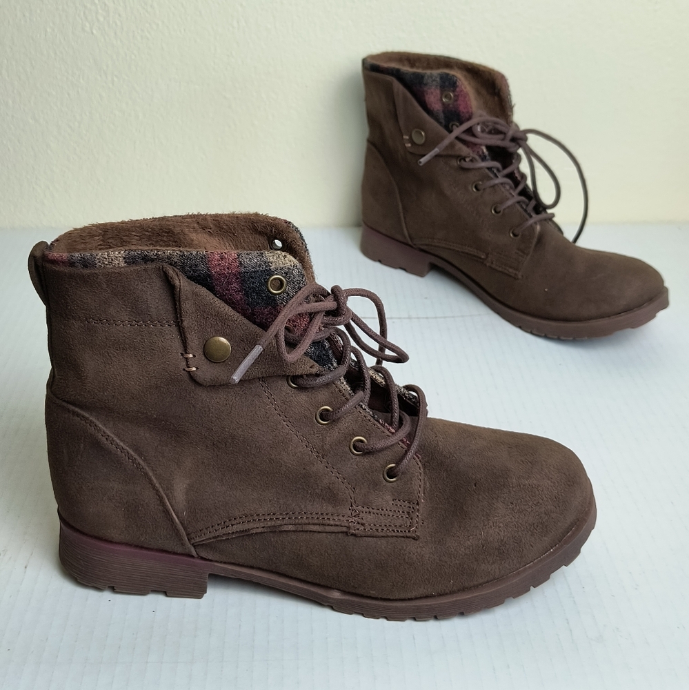 Rock & Candy Tavin 8.5 Brown Suede Lace Up Combat Boots Lining Faux Fur